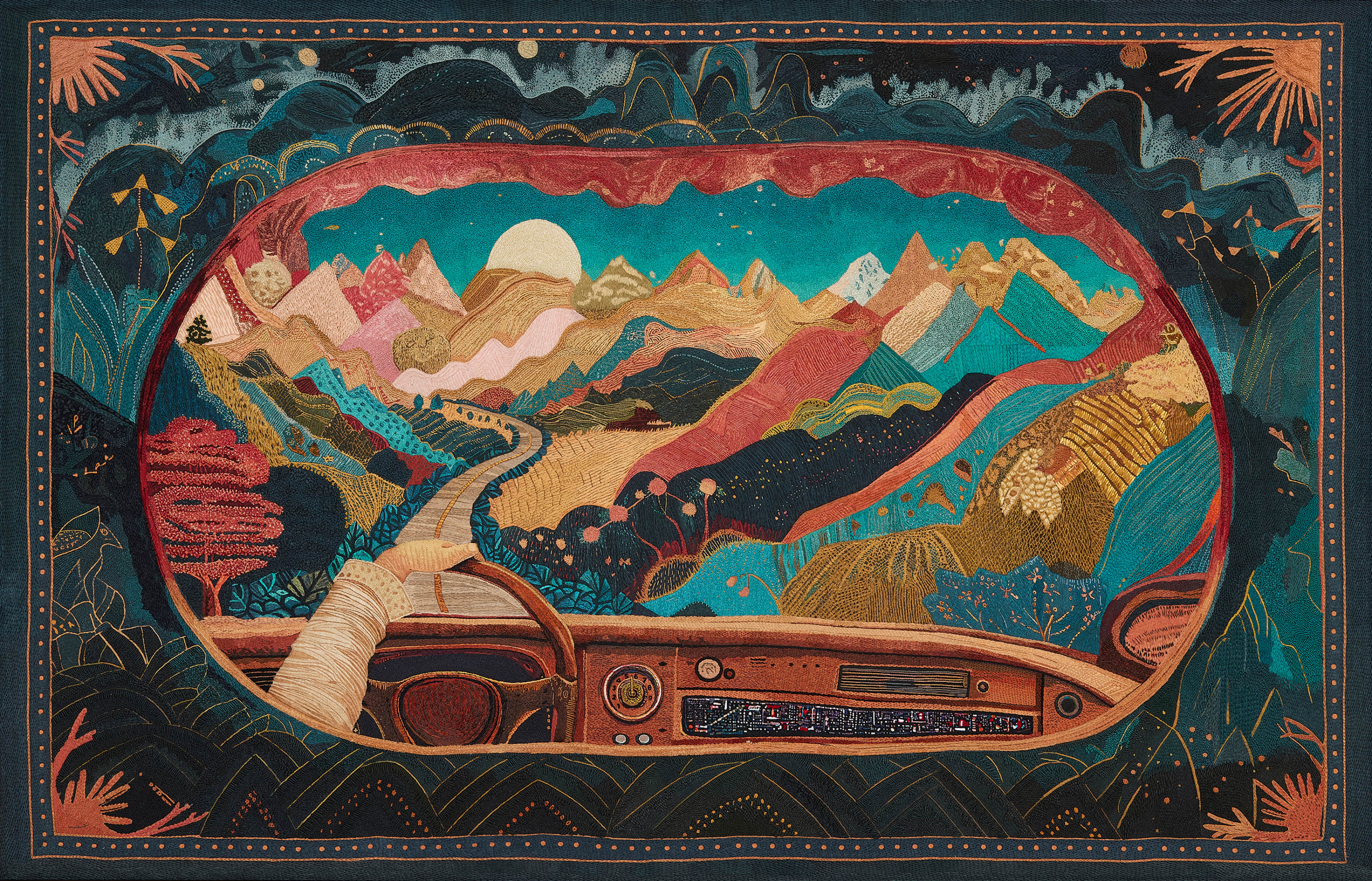 The experience is elevated through a variety of textured embroidery techniques, bringing the landscape to life. The intricate details of...