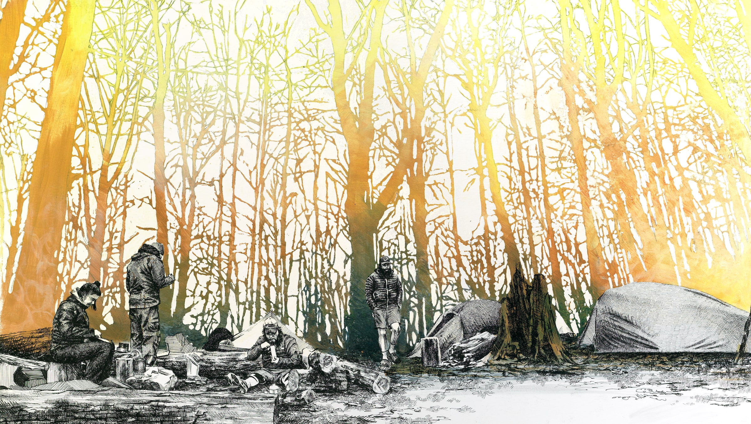 Sarah Kaizar Ridgeline Camp, North Carolina, 2017 Pen and ink, acrylic, salt, 24 x 30”