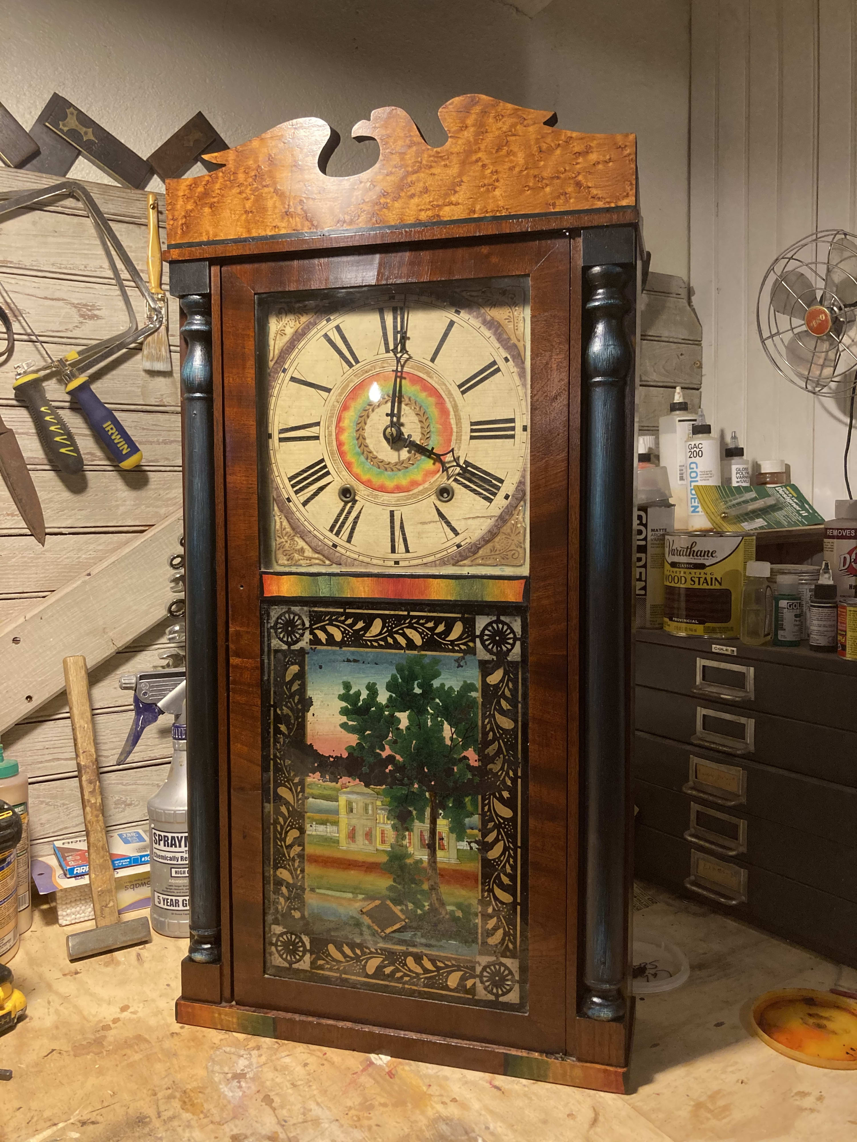 Daniel Clark Column Splat Clock, 2021 Antique clock, wood veneers, oil paint 30 x 15 x 5”