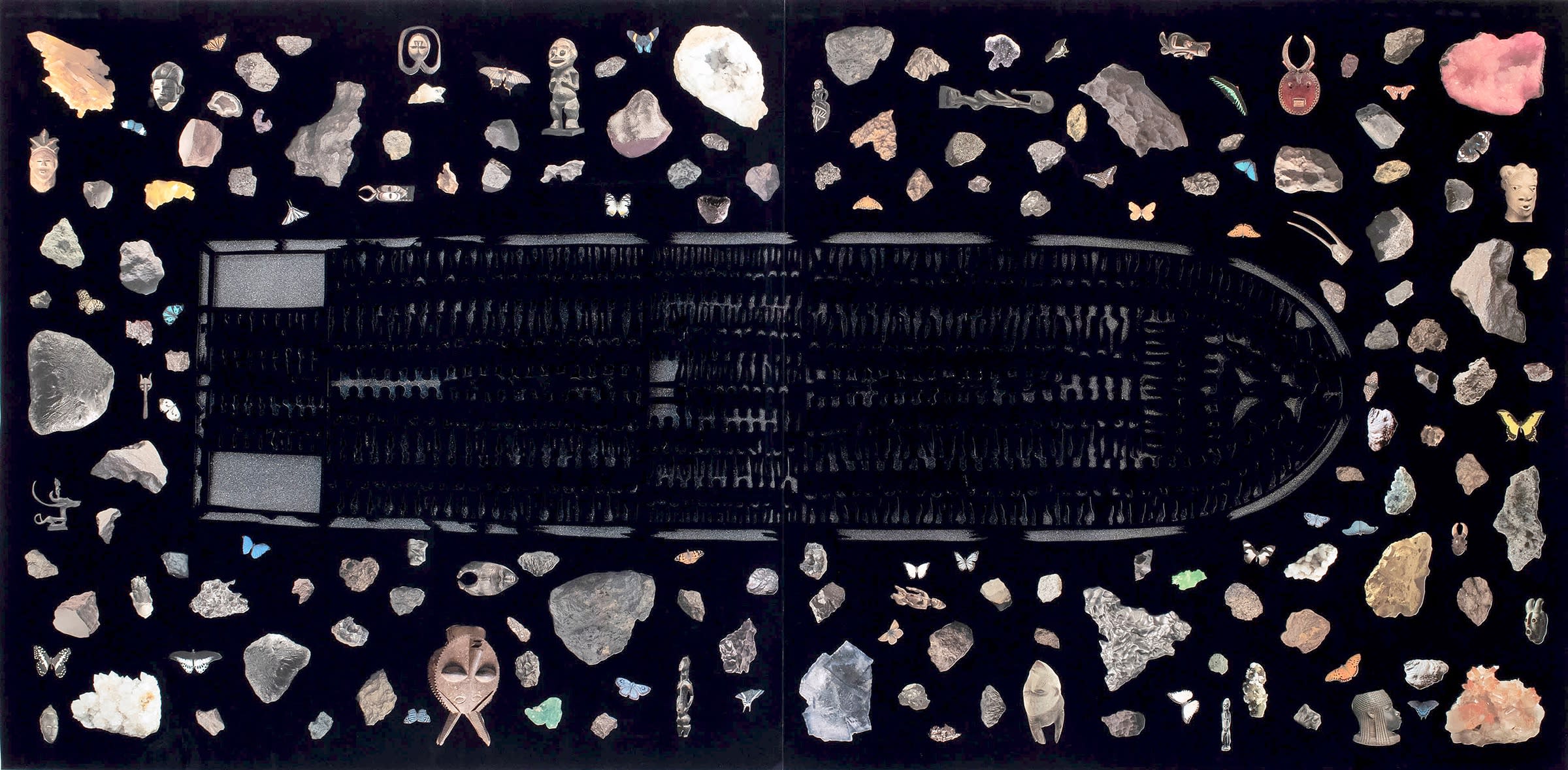 Detail of a collage on black velvet with butterflies, African sculptures, crystals, and the blueprint of a ship