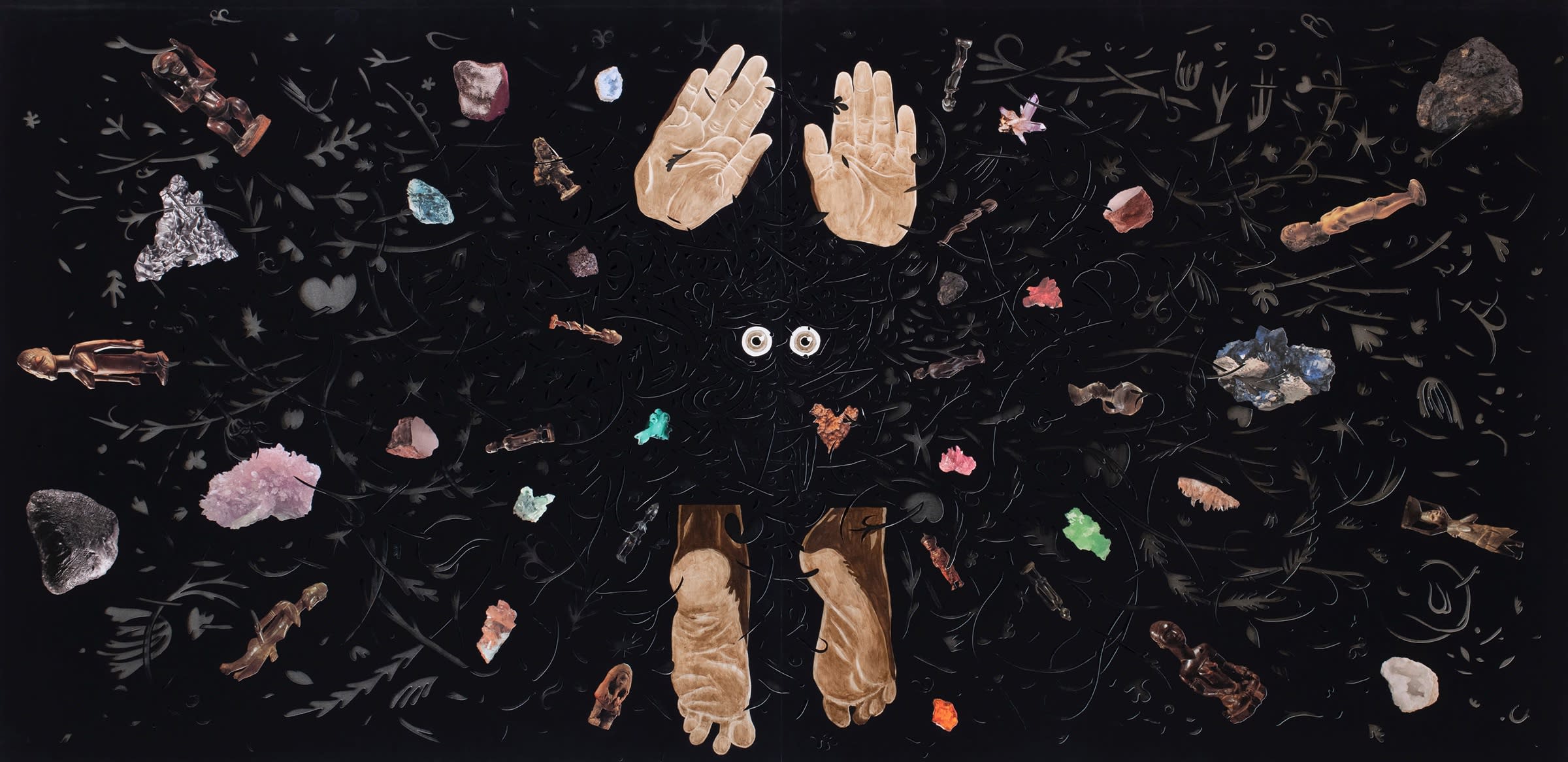 Collage on black velvet with butterflies, African sculptures, crystals, and human eyes, hands, and feet