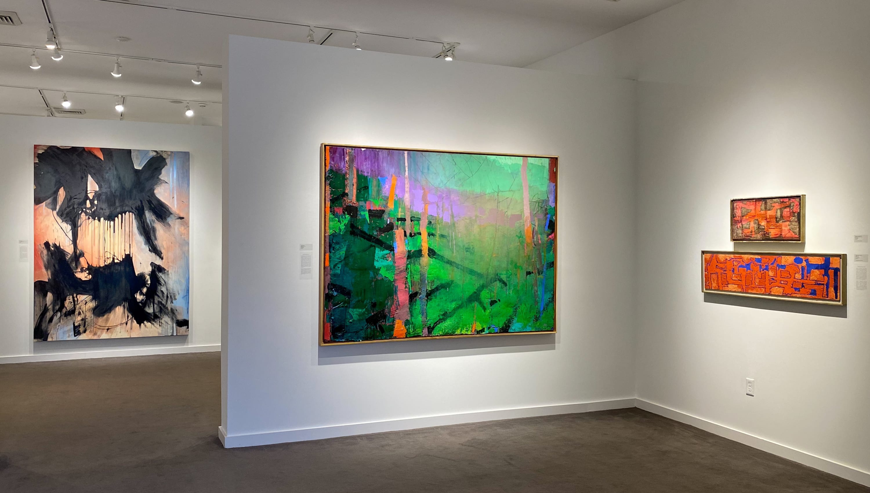 Installation view of Southern Artists exhibition featuring Katherine Boxall BLACK LICORICE 2020, Brian Rutenberg BLACKJACK 2015 & William Halsey MAZE 1967 and AROUND A RED SUN 1970