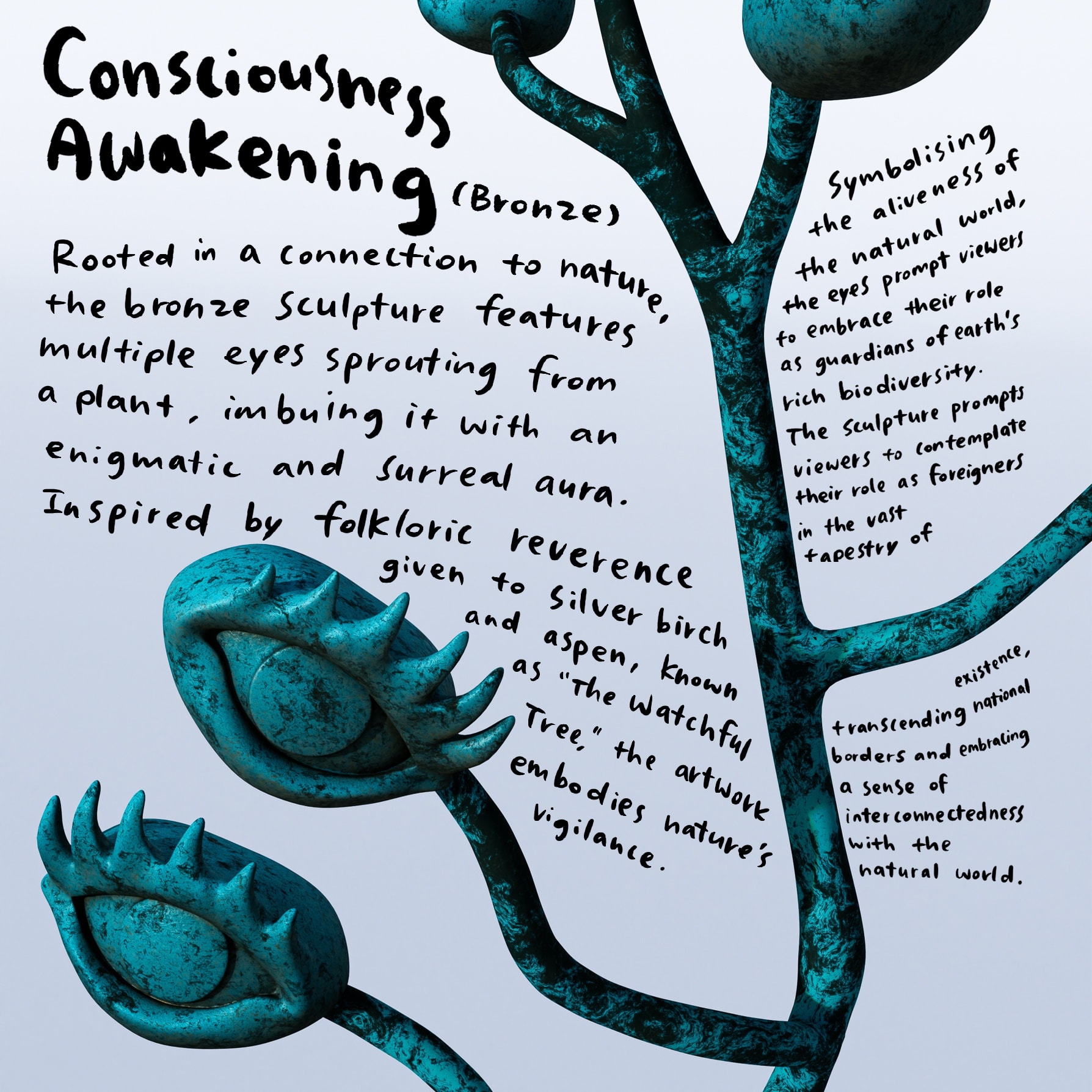 Rooted in a connection nature, the bronze sculpture features multiple eyes sprouting from a plant, imbuing it with an enigmatic...