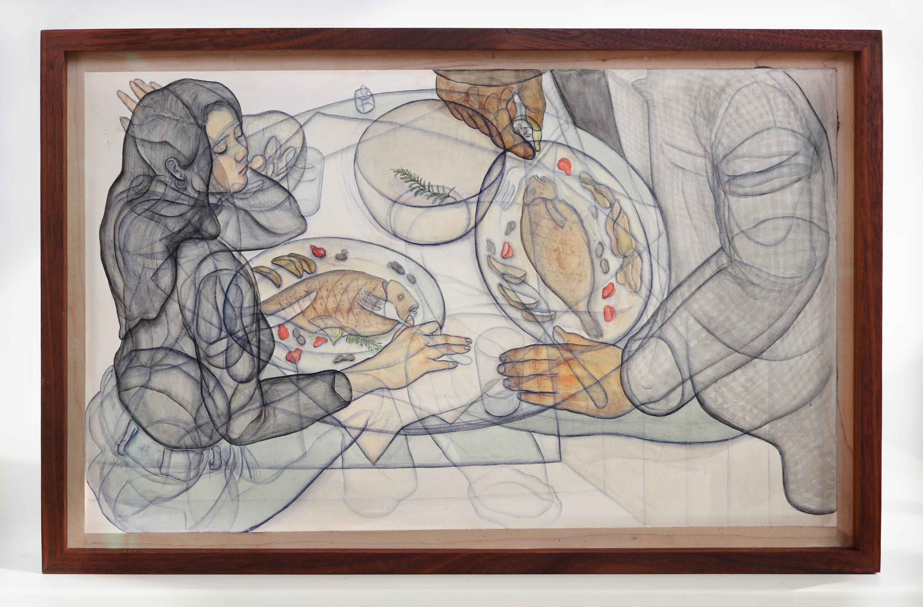 Of Her Own (The FIsh Dinner) 2019 Mineral pigment on silk 11.5x17.5 inches