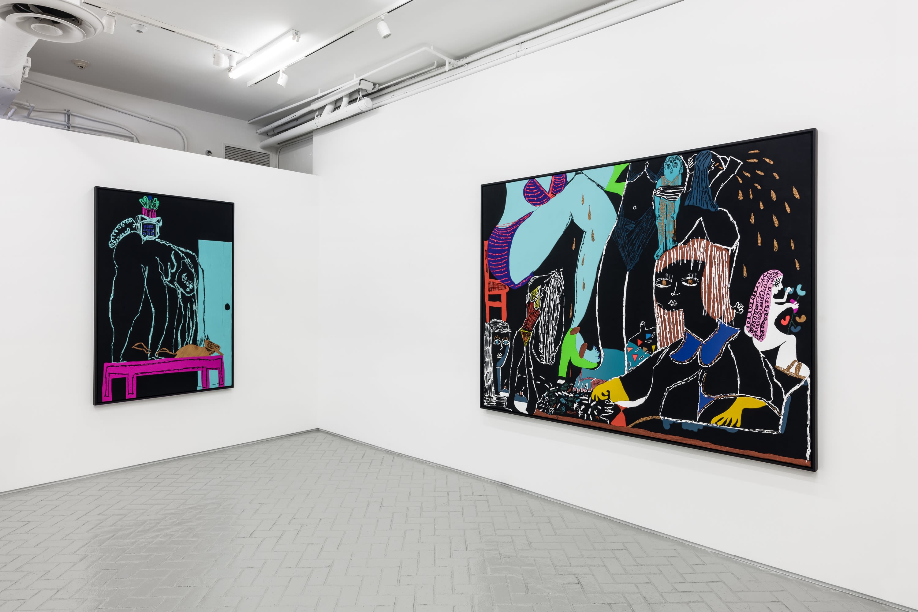 Installation of large artworks in exhibition -Open Door and Seeds