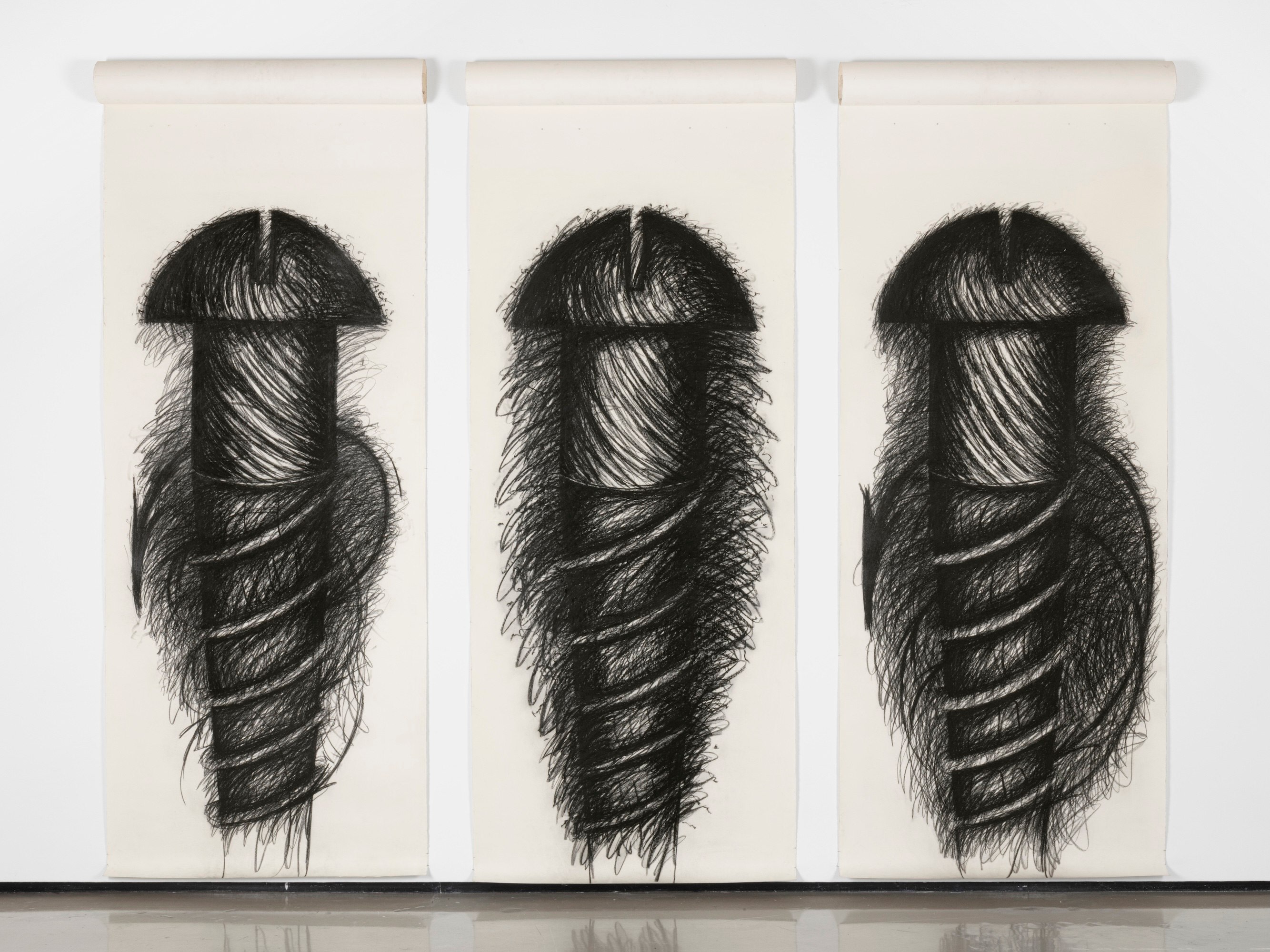 Judith Bernstein Three Panel Vertical, 1977 charcoal on paper left panel: 120 x 52 3/4 inches (304.8 x 134 cm)...