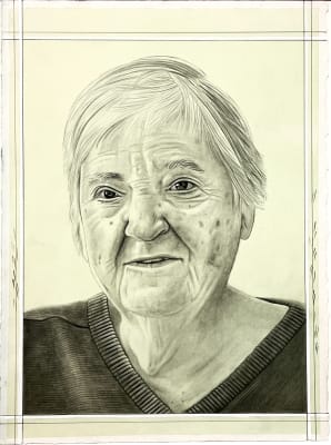 Phong H. Bui. Portrait of Etel Adnan, 2021. Graphite on paper. 16 1/2 x 12 3/4 in. (41.9 x 32.4 cm.)