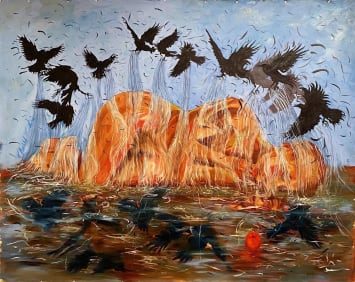 Khalid Kodi: The Apple's Truth, 2025, oil on canvas, 67x86 inches