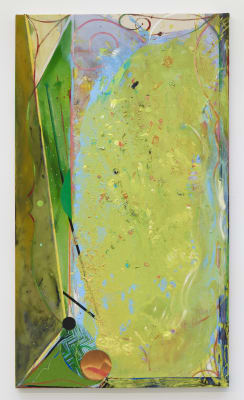 Carl E. Hazlewood, BlackHead Anansi-Savannah, 2022, arylic polymer emulsion, powdered pigments, oil pastel, tape, gold cord, with collage on canvas, 70 x 40 inches, 177.8 x 101.6 cm