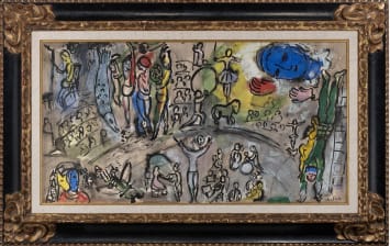 Marc Chagall (Russian 1887-1985) Esquisse pour le 'Grand Cirque' 1956. oil, colored crayon, pastel and pencil on paper laid down on canvas 16 1/2 x 30 5/8 in Framed: 25 1/4 x 39 3/8 in
