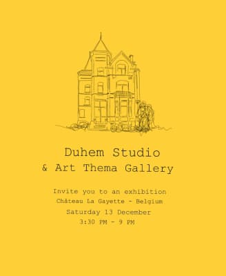 Private presentation flyer for Duhem Studio & Art Thema Gallery at Château La Gayette, Belgium, featuring abstract paintings by Mathis Duhem and sculptures by René Julien and Lieven D’Haese