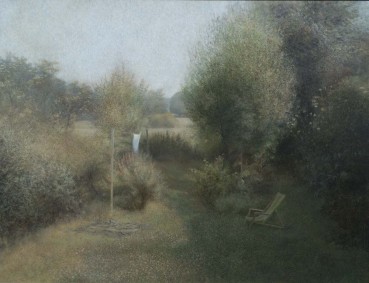 David Tindle RA  Garden in a Landscape, 1979-80  Acrylic on board  57 x 75 cm  Signed, dated and titled verso