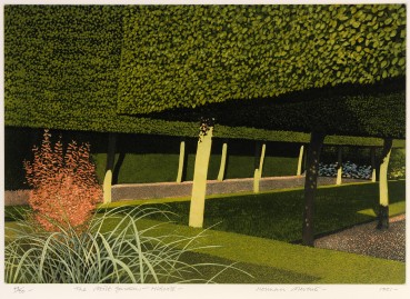 Norman Stevens ARA  The Stilt Garden, Hidcote, 1981  Etching, stipple etching, aquatint and burnished aquatint  37.3 x 52.7 cm  From the edition of 90 impressions plus 20 APs  Signed, dated, titled and numbered