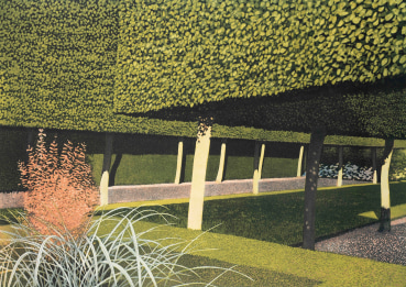 Norman Stevens ARA  The Stilt Garden, Hidcote, 1981  Etching, stipple etching, aquatint and burnished aquatint  37.3 x 52.7 cm  From the edition of 90 impressions plus 20 APs  Signed, dated, titled and numbered