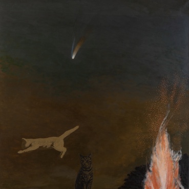 David Inshaw  Leaping Cat and Comet, 2001  Oil on canvas  102 x 102 cm