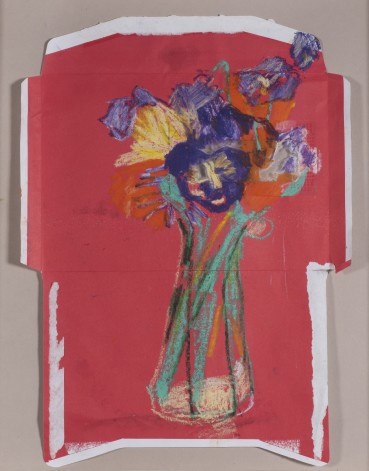Margaret Mellis  Pansy and Marigold on Red Envelope, 1999  Crayon on envelope  35 x 25 cm  Signed, dated and titled verso