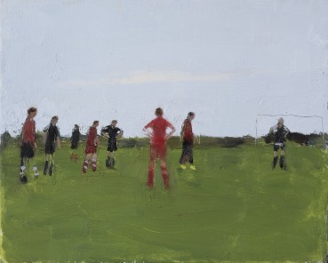 Danny Markey  Red and Black Footballers  Oil on board  23.6 x 29.5 cm  Signed and dated verso