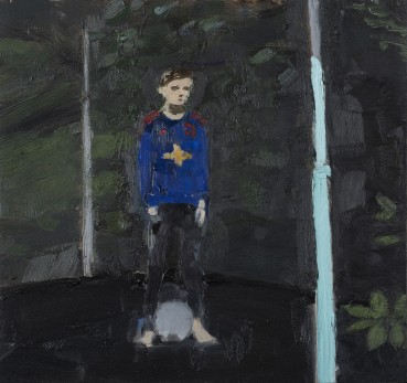 Danny Markey  Joe on the Trampoline  Oil on board  25.6 x 27 cm  Signed and dated verso