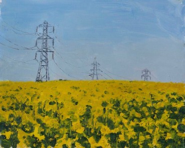 Danny Markey  Pylons and Yellow Fields, 2019  Oil on board  25.5 x 29.4cm