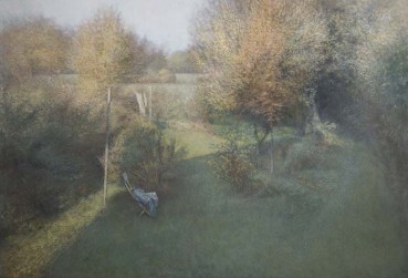 David Tindle  Shaded Garden, 1989  Egg tempera on paper laid on board  50 x 77cm