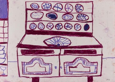 Florence Hutchings  Plates on a Dresser III, 2021  Mixed media on paper  29.8 x 41.9 cm