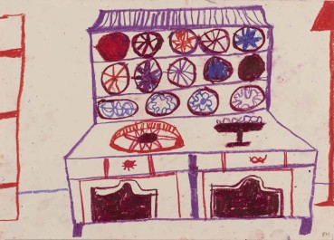 Florence Hutchings  Plates on a Dresser IV, 2021  Mixed media on paper  29.8 x 41.9 cm