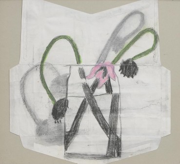 Margaret Mellis  Two Dead Poppies with Shadows, 1987  Crayon on Envelope  30 x 32cm