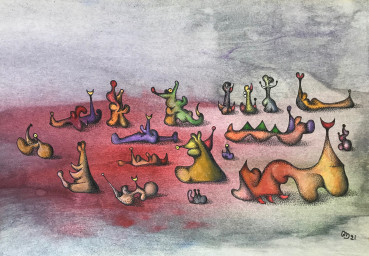 Desmond Morris  Staycation, 2021  Mixed media on paper  27.5 x 41.1 cm