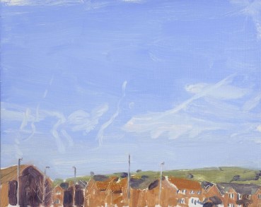 Danny Markey  Moon, Vapour Trails and Clouds, 2012  Oil on board  23.5 x 29.5 cm