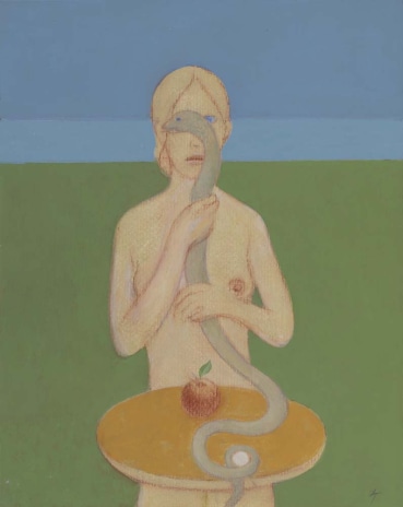David Tindle RA  Serpent and Victim, 2018  Egg tempera on paper  35.1 x 28 cm