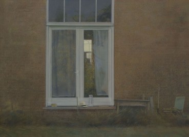 David Tindle RA  The Chapel Window at the back East Haddon, 1975  Acrylic on paper and board  53. 3 x 73.5 cm