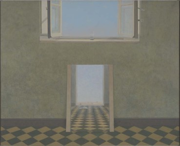 David Tindle RA  Sky View, Lucca, 2001  Egg tempera on board  49.5 x 61 cm