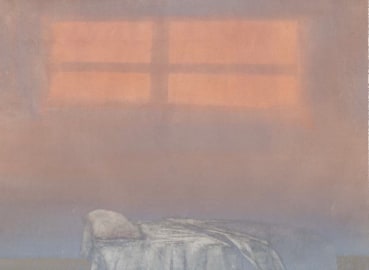 David Tindle RA  Unmade Bed with Shadow, 2016  Egg tempera on paper  32.5 x 44 cm