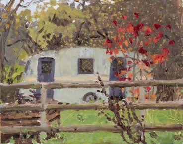 Danny Markey  Caravan and Red Tree, 2014  Oil on board  23.5 x 29.5 cm