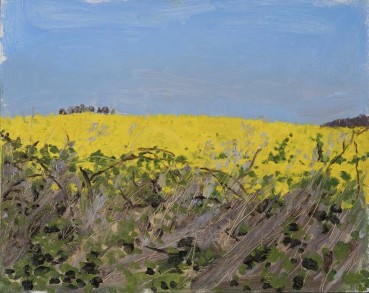 Danny Markey  Hedge and Yellow Field, 2016  Oil on board  23.5 x 29.5 cm