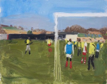 Danny Markey  Yellow and Blue Footballers, 2018  Oil on board  23.5 x 29.4 cm