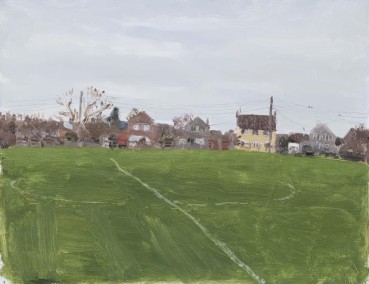 Danny Markey  Centre Circle and Houses, 2019  Oil on board  29.9 x 38.4 cm