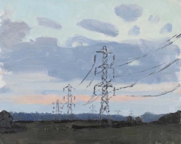 Danny Markey  Pylons on the Road to Yeovil, 2021  Oil on board  23.3 x 29.3 cm