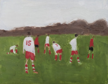 Danny Markey  Red and White Footballers, 2021  Oil on board  17 x 21.5 cm