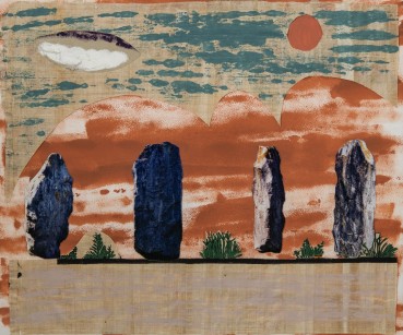 Andrew Lambirth  Avebury Stones, 2022  House paint and collage on paper  35 x 42 cm