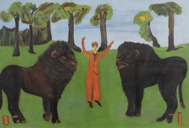 Henry Stockley  Untitled (Tethered Lions), c. 1940  Oil on board  50.5 x 76.5cm  POA