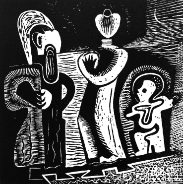Eileen Agar RA  The Family Trio, 1931  Lineblock print  16 x 16 cm  Edition of 100  Signed and numbered in pencil