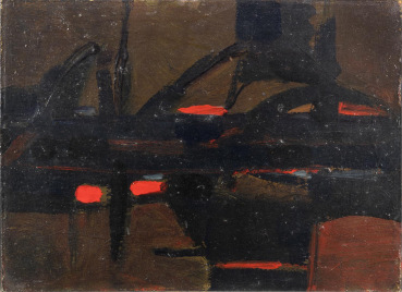 Denis Bowen  Abstract, Black and Red, c. 1957  Oil on board  22.5 x 31 cm