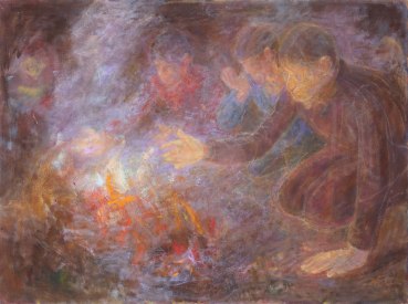 Susannah Fiennes  Boys Lighting Fire, 2020  Oil on canvas  68.6 x 91.5 cm
