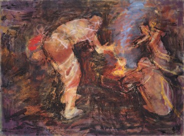 Susannah Fiennes  Lighting Campfire at Night, 2021  Oil on canvas  68.6 x 91.5 cm
