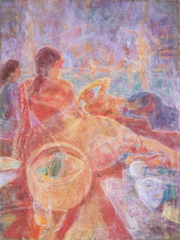 Susannah Fiennes  River Picnic with Basket , 2022  Oil on canvas  91.5 x 68.6 cm