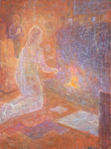 Susannah Fiennes  Kneeling by Fire, 2020  Oil on canvas  91.5 x 68.6 cm