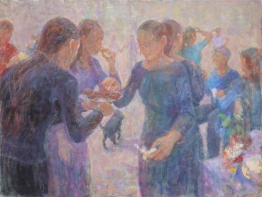 Susannah Fiennes  Blue Ladies with Cake, 2021  Oil on canvas  61 x 81.3 cm