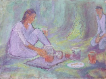 Susannah Fiennes  Seated on Ground with Jug, 2021  Oil on canvas  45.7 x 61 cm