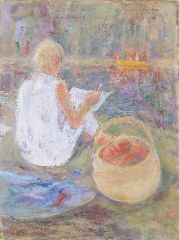 Susannah Fiennes  Drawing Yellow Boat, 2022  Oil on canvas  61 x 45.7 cm